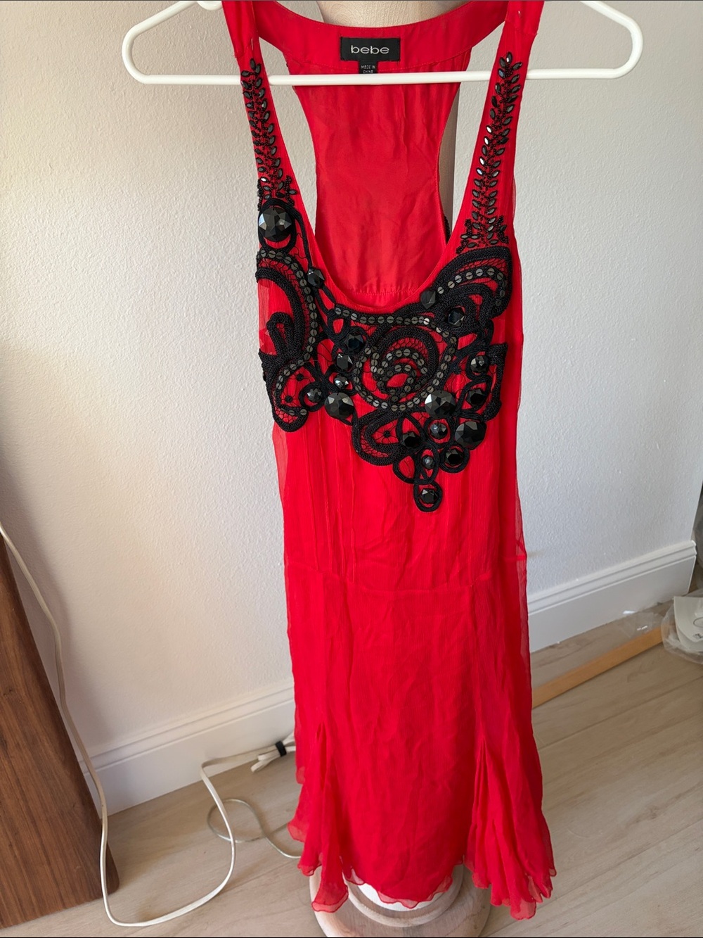 bebe Red Silk Dress with Black Beaded Appliqué